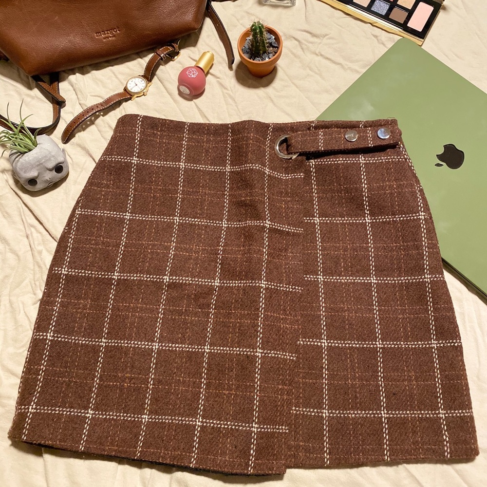 Asymmetric Mocha Plaid A-Line Skirt